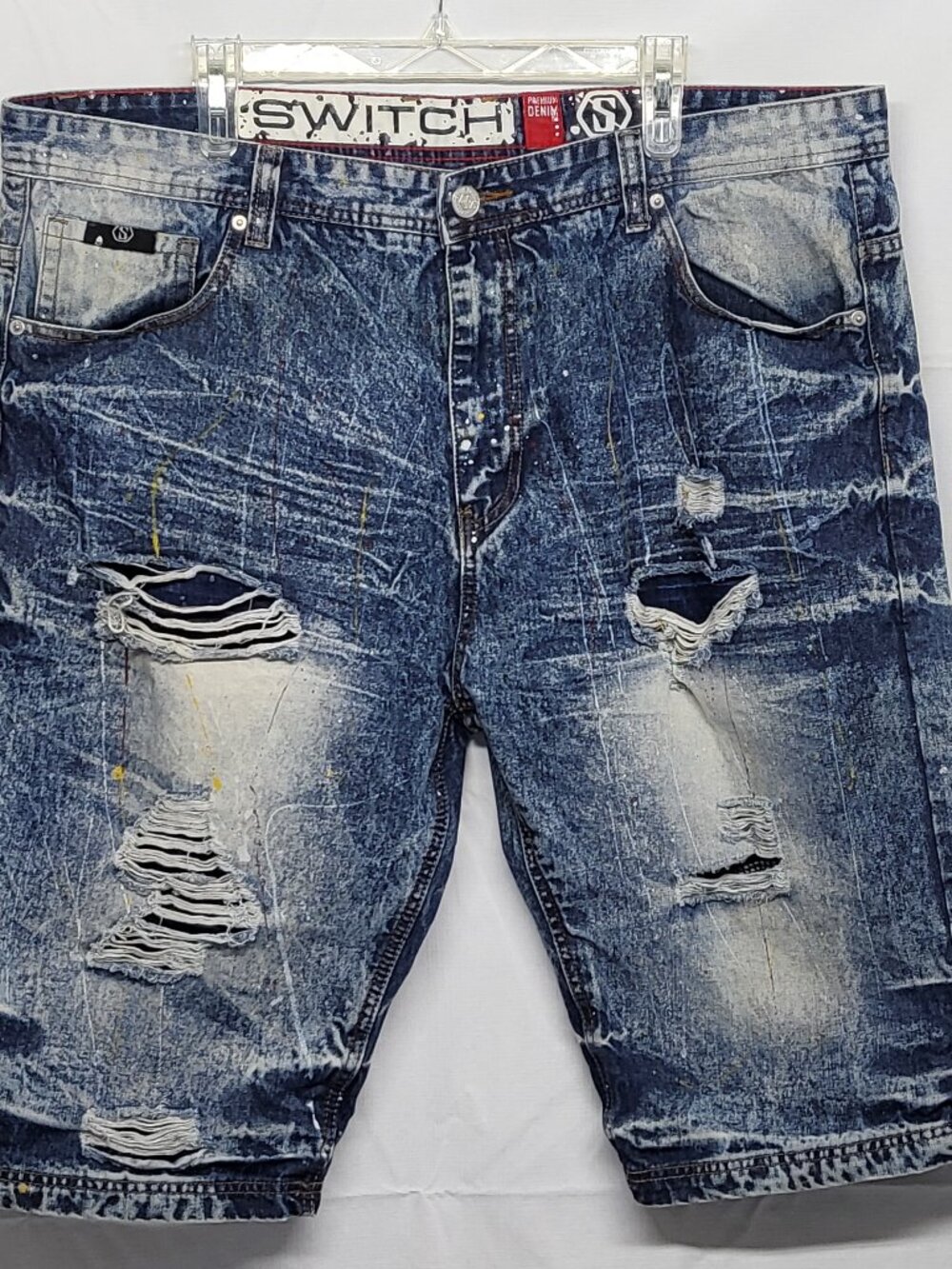 Switch Premium Denim Shorts Mens 42 Bermuda Distressed Splatter Grunge Cotton